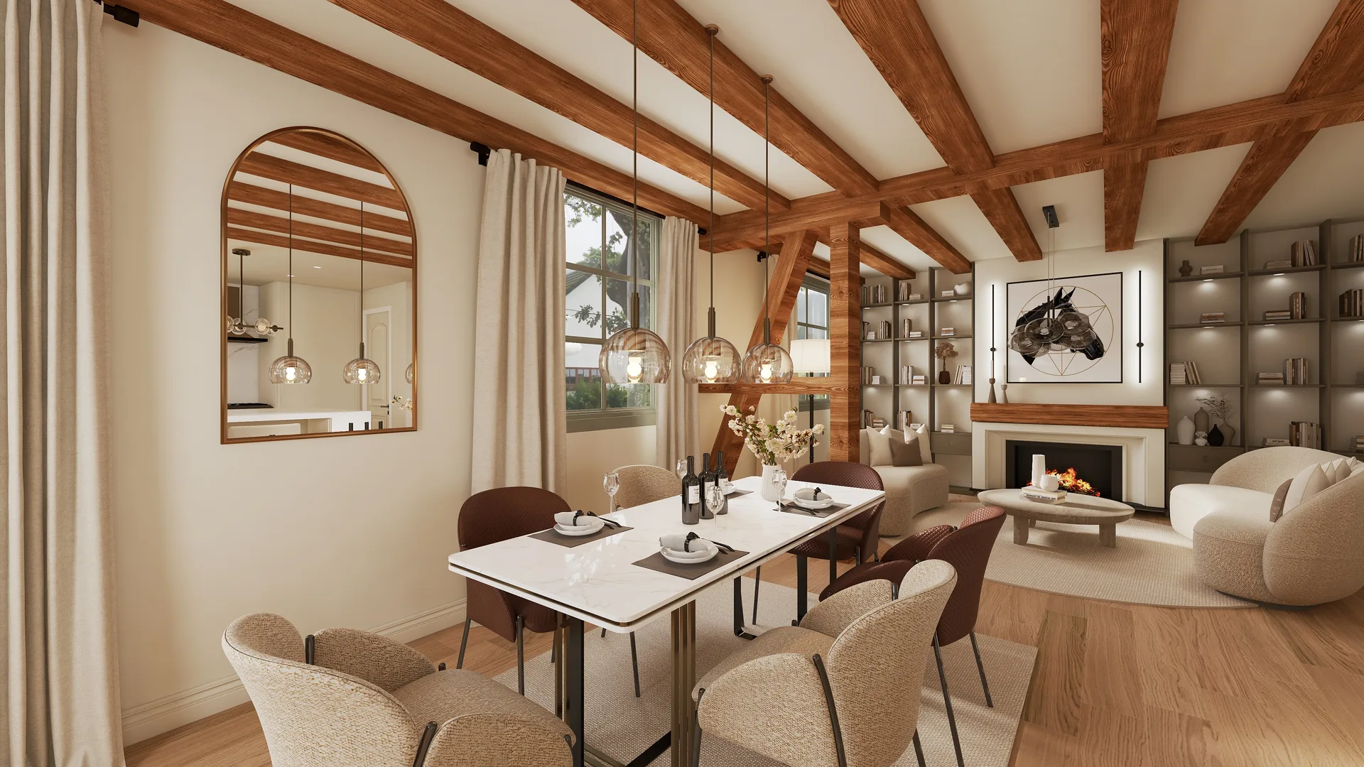 Modernes Landhaus, visualisierte Küche mit Essbereich