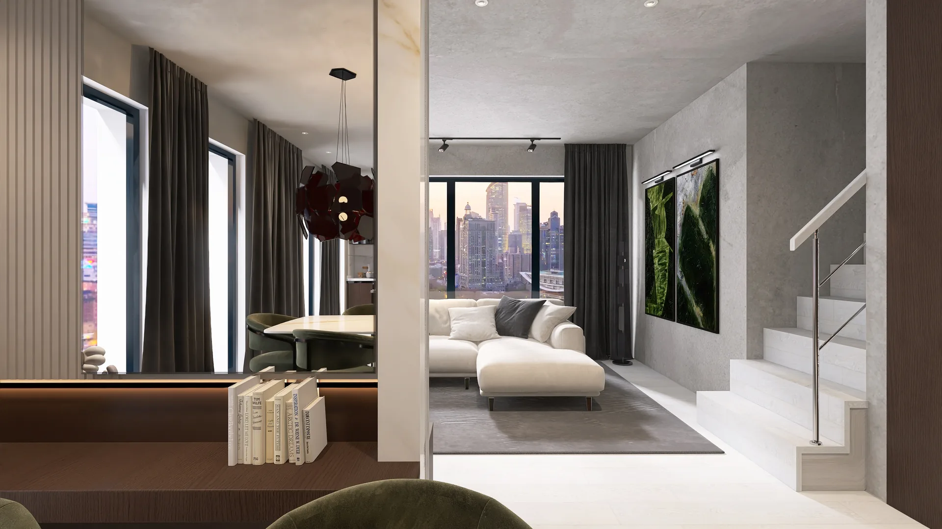 Berliner Penthouse, zweite visualisierte Perspektive des Wohn- und Essbereichs