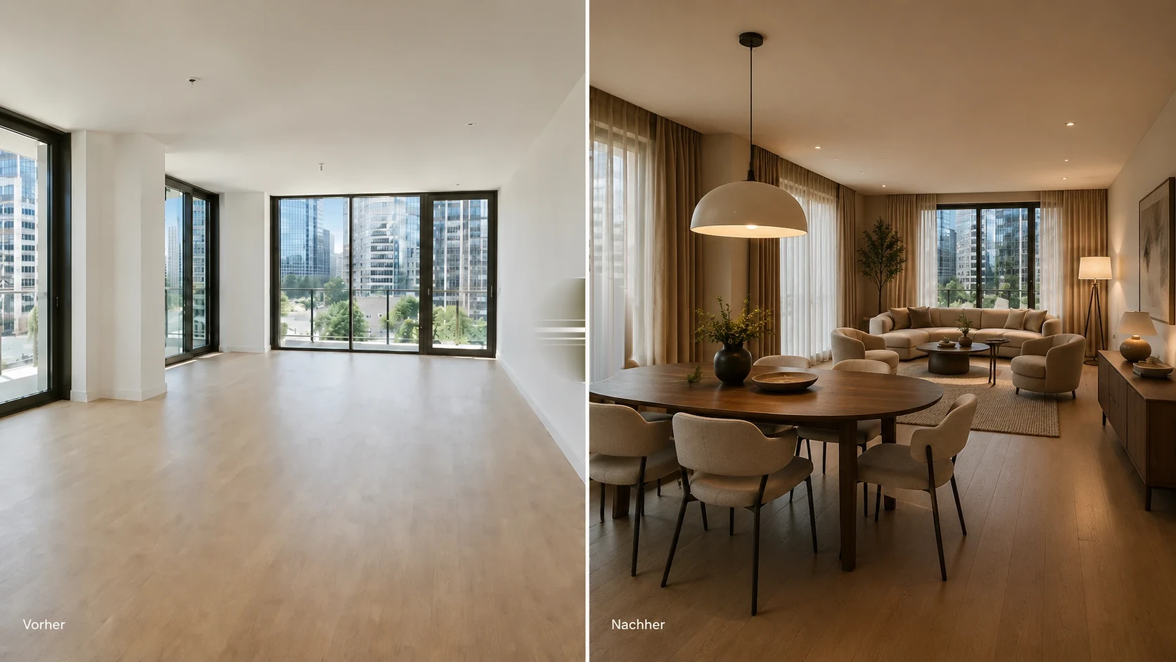 Vorher-Nachher-Vergleich eines leeren Stadtapartments und einer digital eingerichteten Wohn- und Esszone im Urban-Cozy-Loft-Stil